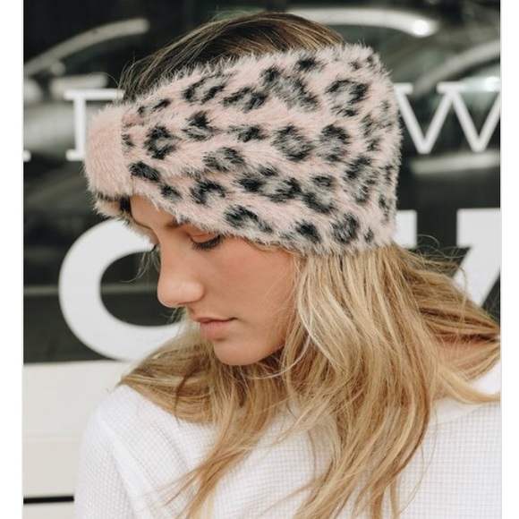 Accessories - Faux Mohair Pink Leopard Bow Headband Wrap